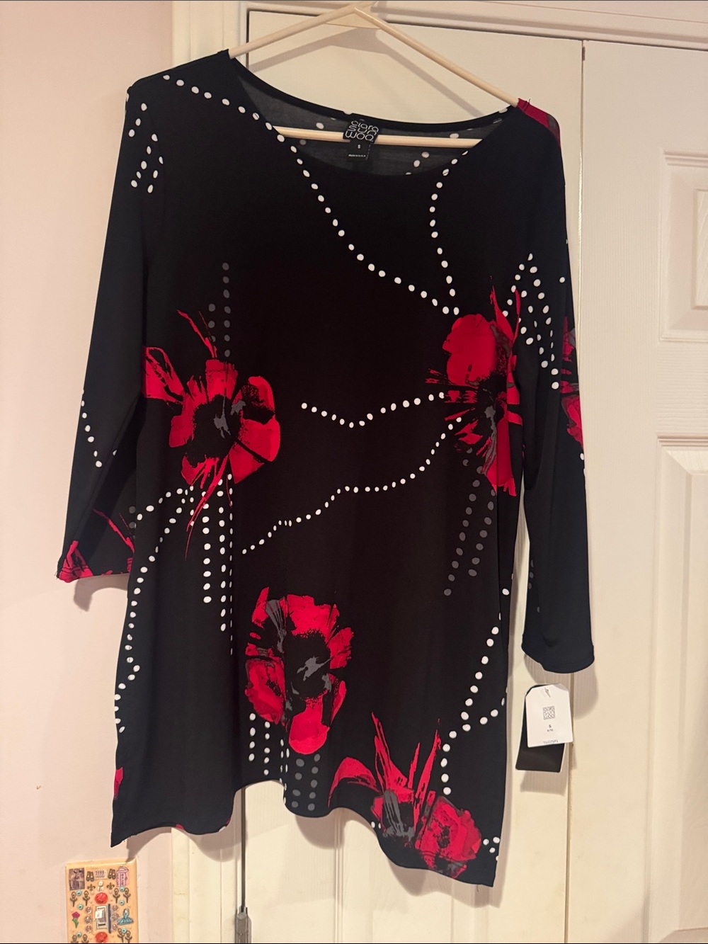 Sun Woo Studio Black Tunic with Red Floral & White Dot Accents